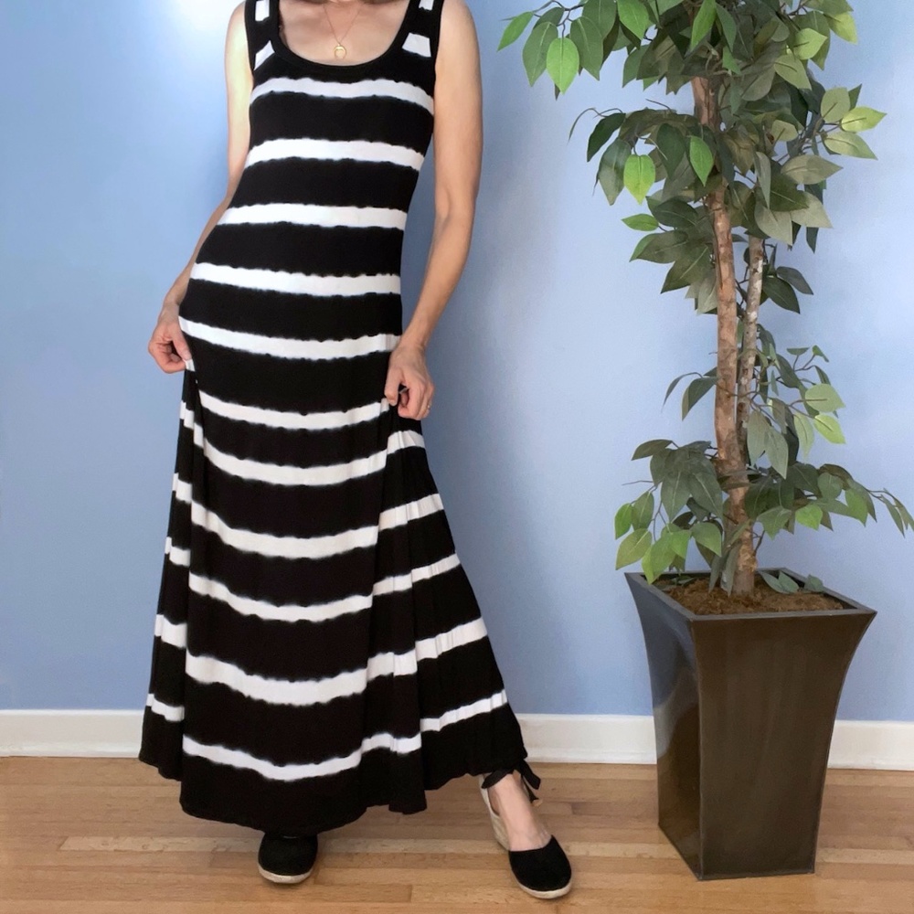 Calvin Klein Black and White Striped A-line Sleeveless Maxi Dress